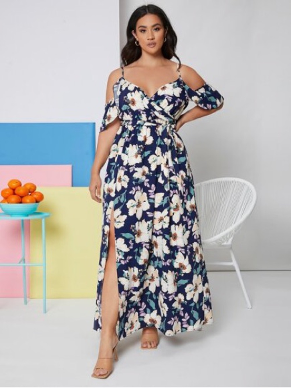 SHEIN Navy Floral Cold-Shoulder Maxi Dress - wedding season